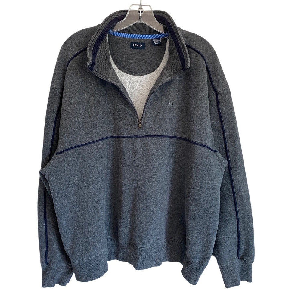 IZOD Mens XXL Quarter Zip‎ Sweatshirt Gray Navy Blue Piping Fleece Pullover